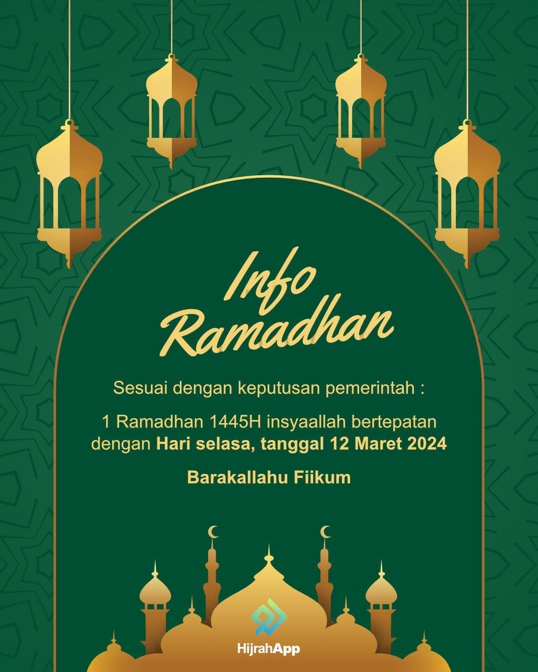 Keputusan pemerintah RI melalui sidang isbat, diputuskan bahwa 1 Ramadhan bertepatan dengan Hari Selasa (12 Maret 2024)