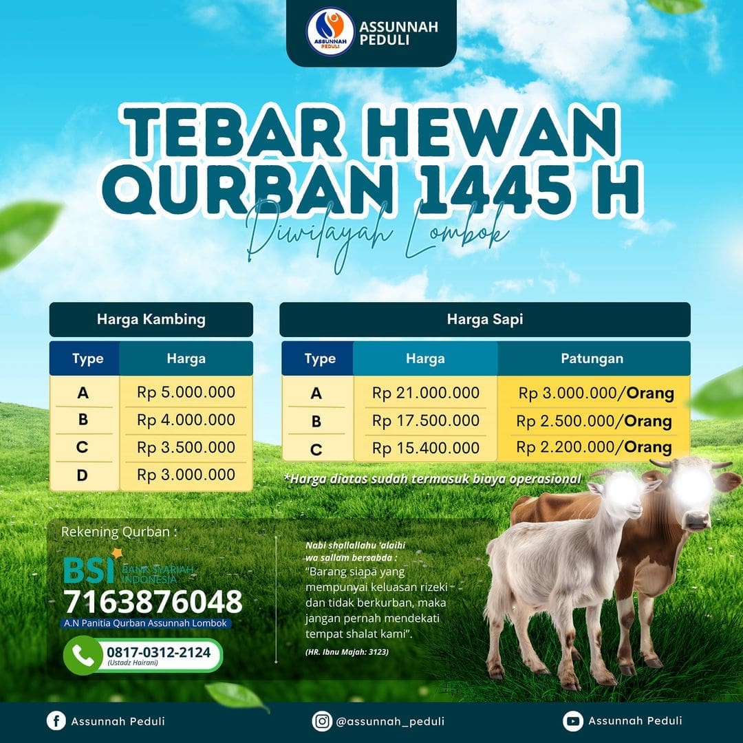 Bismillah…

*Tebar Hewan Qurban 1445 H/2023 M*
-Di Wilayah Lombok-

 KAMBING :…