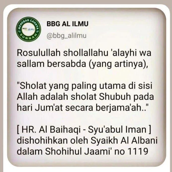 bagi kaum pria, sholat shubuh berjama’ah di masjid.
sedangkan masjid terbaik ba… bagi kaum pria, sholat shubuh berjama’ah di masjid.
sedangkan masjid terbaik ba…