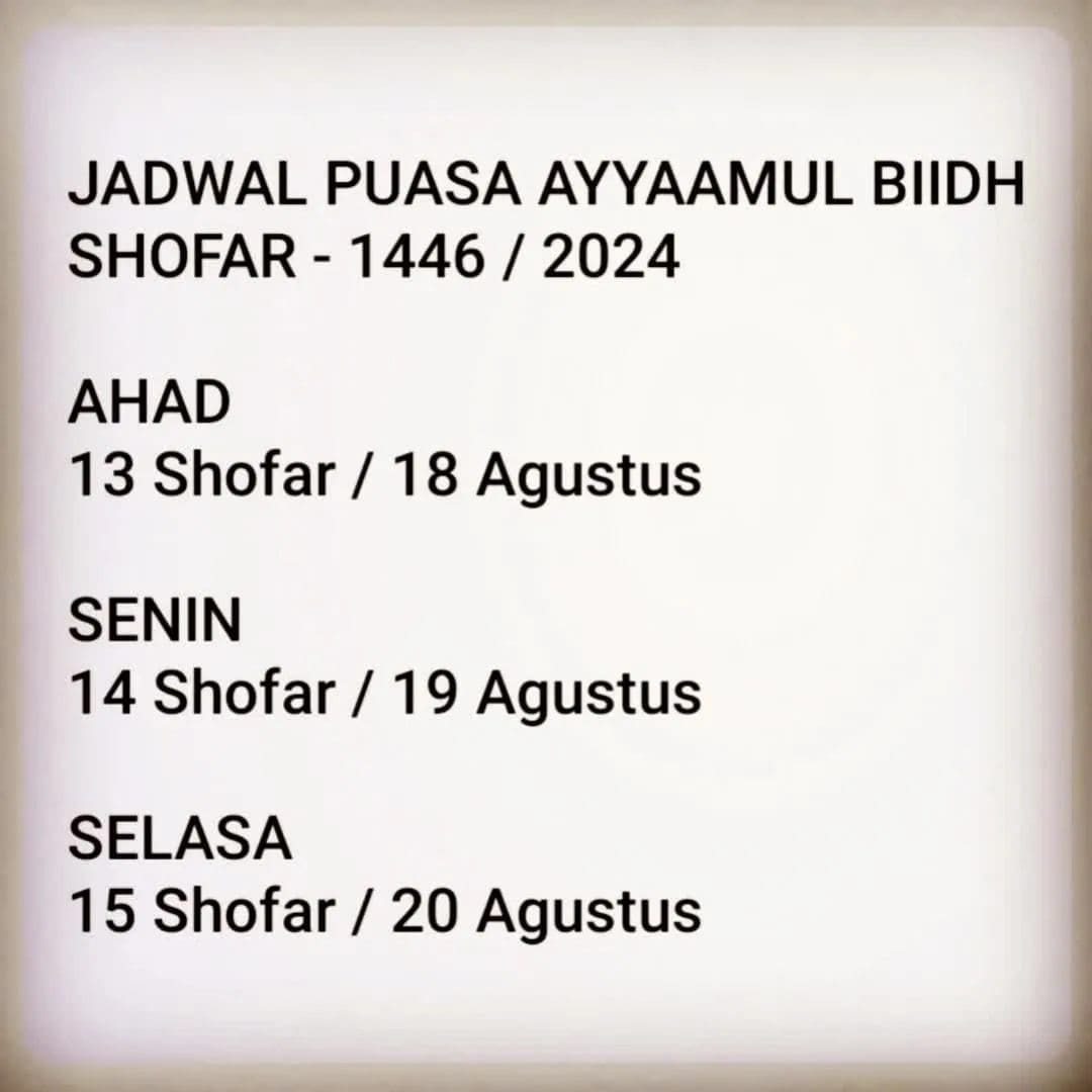 SELASA : 01 SHOFAR 1446 – 06 AGUSTUS 2024