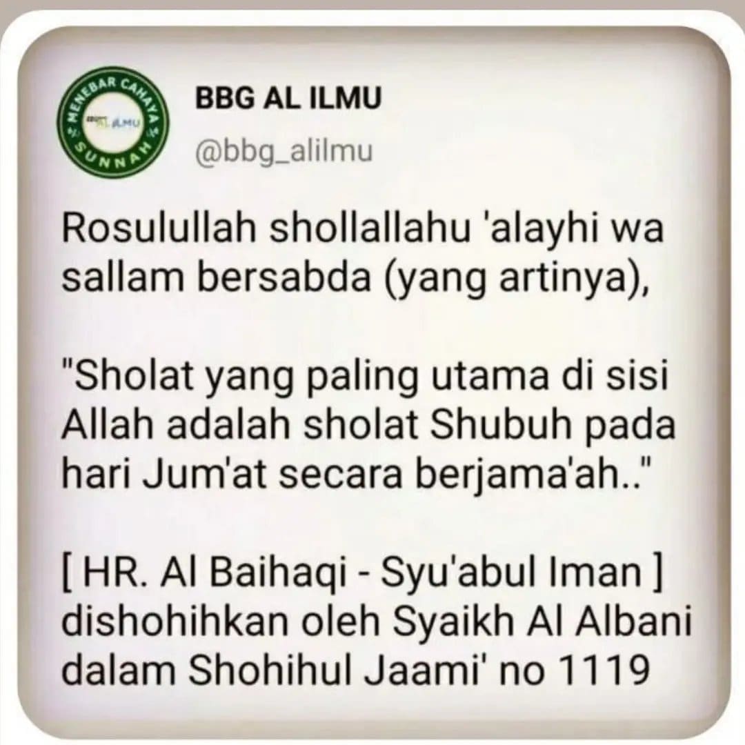 bagi kaum pria, sholat shubuh berjama’ah di masjid.
sedangkan masjid terbaik ba… bagi kaum pria, sholat shubuh berjama’ah di masjid.
sedangkan masjid terbaik ba…