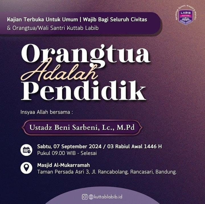 _Bismillah…_ Pemateri : *Ustadz Beni Sarbeni, Lc., M.Pd. Hafizhahullah* *Pukul…